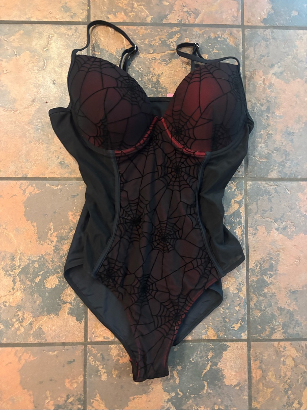 💟Black and Burgundy Spiderweb Mesh Bathing suit